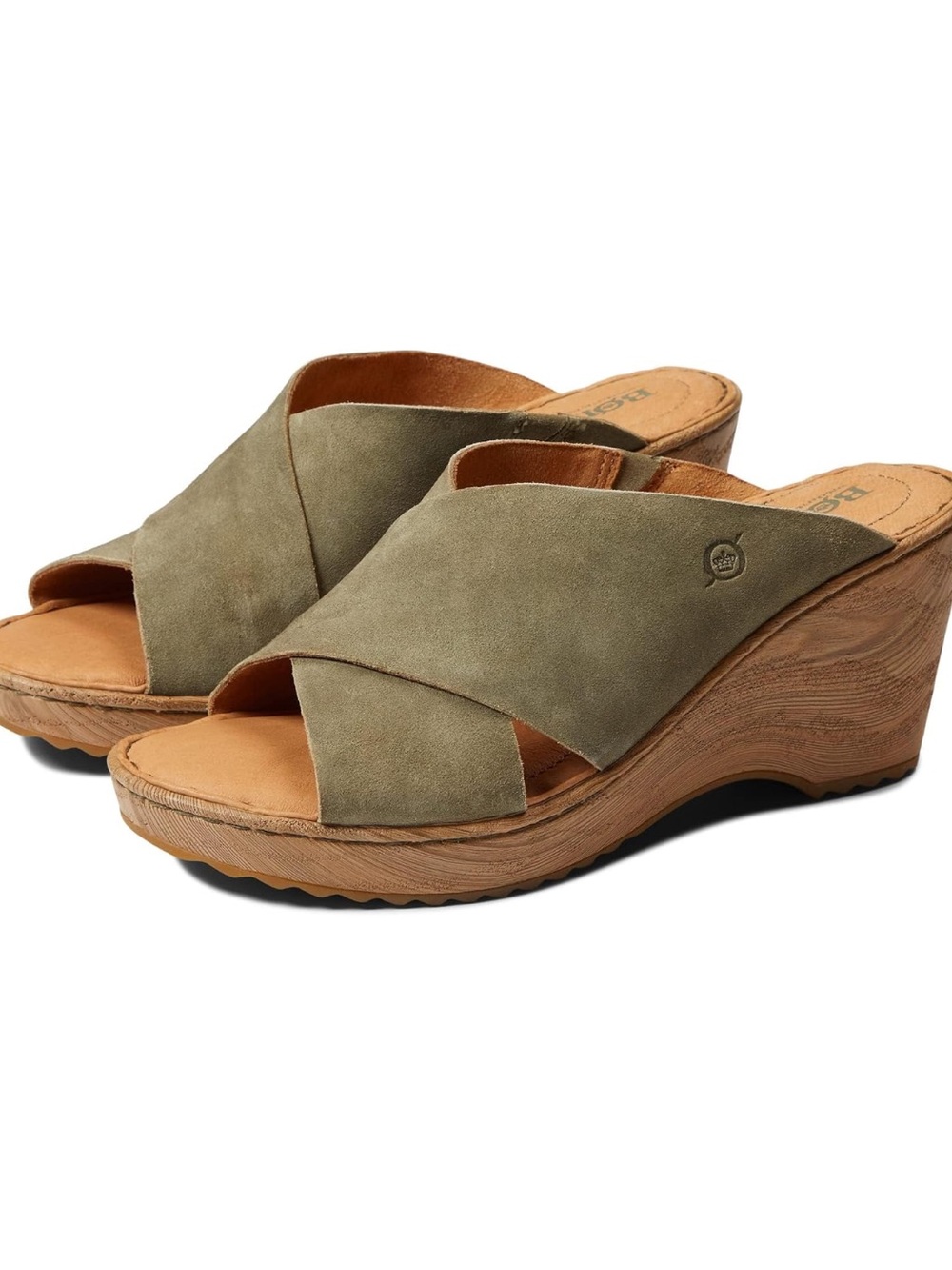 NEW Born Nora Women’s Olive Suede Crossover Wedge Sandals Size 8, run large
